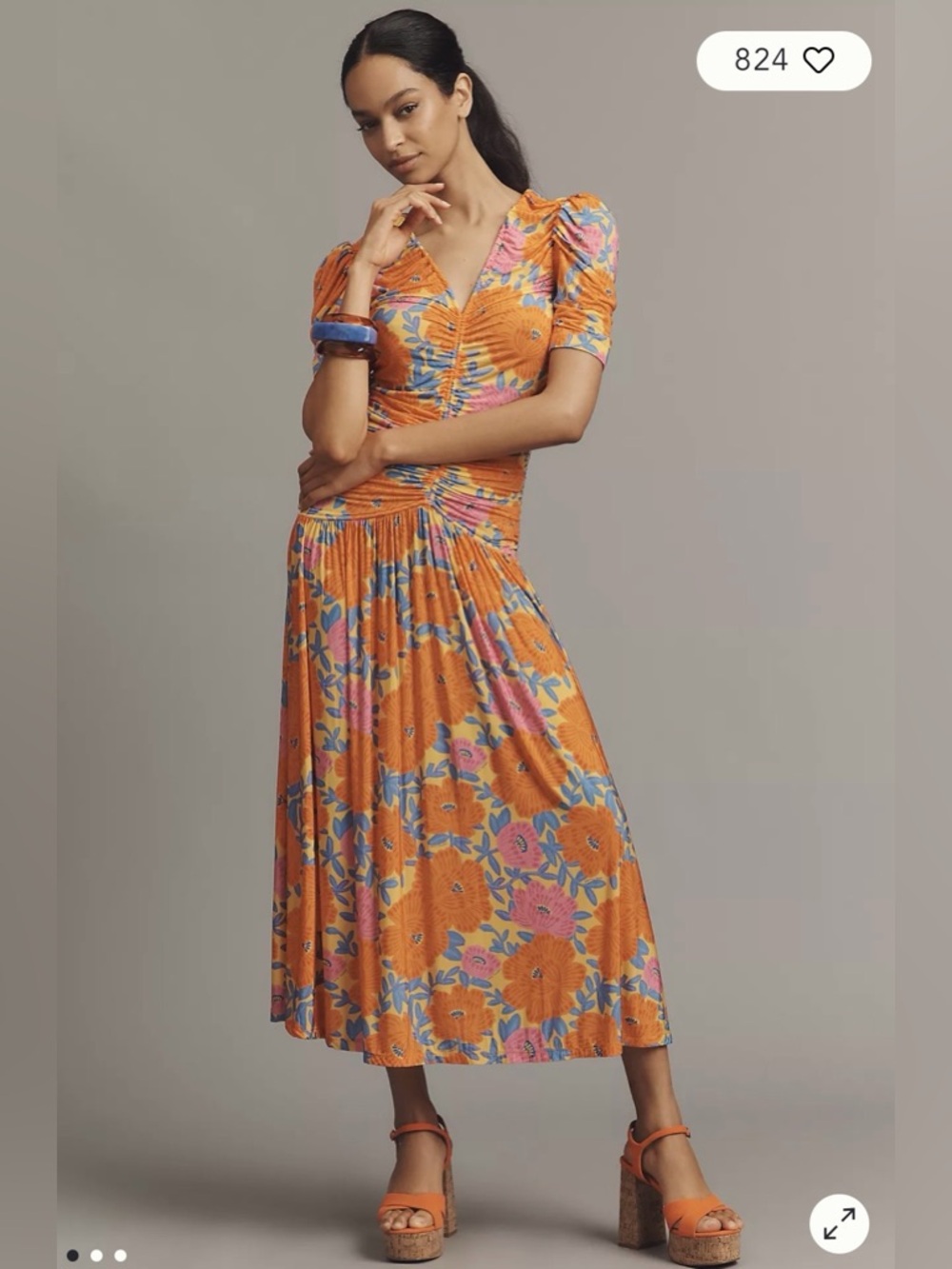 NWT $248 Farm Rio x Anthropologie Short-Sleeve V-Neck Ruched Midi Dress S